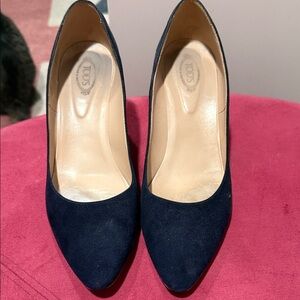 Tod's Navy Suede Heels with Navy studs on heel